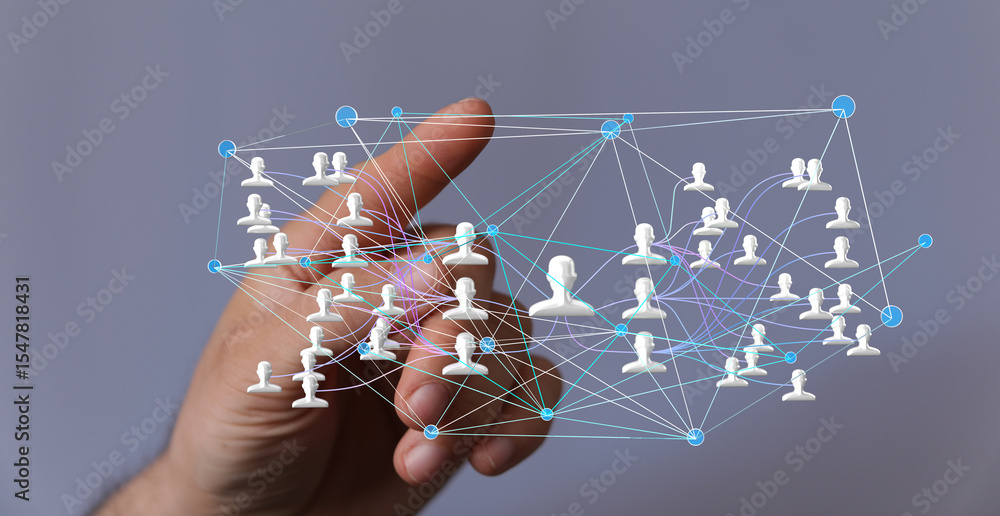 Poster image depicting a hand interacting with a digital network of interconnected people, symbolizing soci