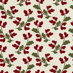 Seamless pattern featuring stylized red flowers with green leaves in folk art style.Traditional botanical motif on soft light background. Ideal for boho decor and romantic prints