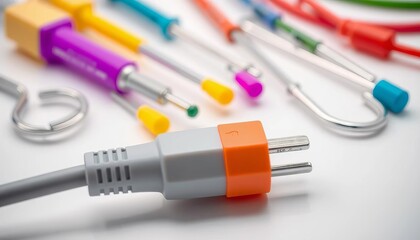 Close-up of electrical cord and plug near colorful medical instruments on white, plastic, hospital