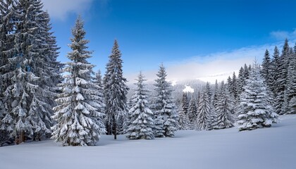 snowy winter landscape with several christmas trees generated by ai