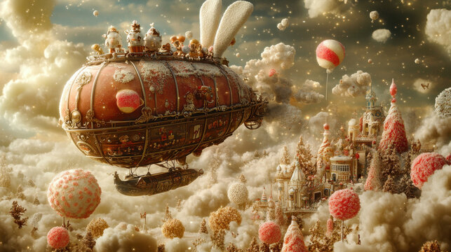 Whimsical Airship Soaring Over a Candy Colored Cityscape