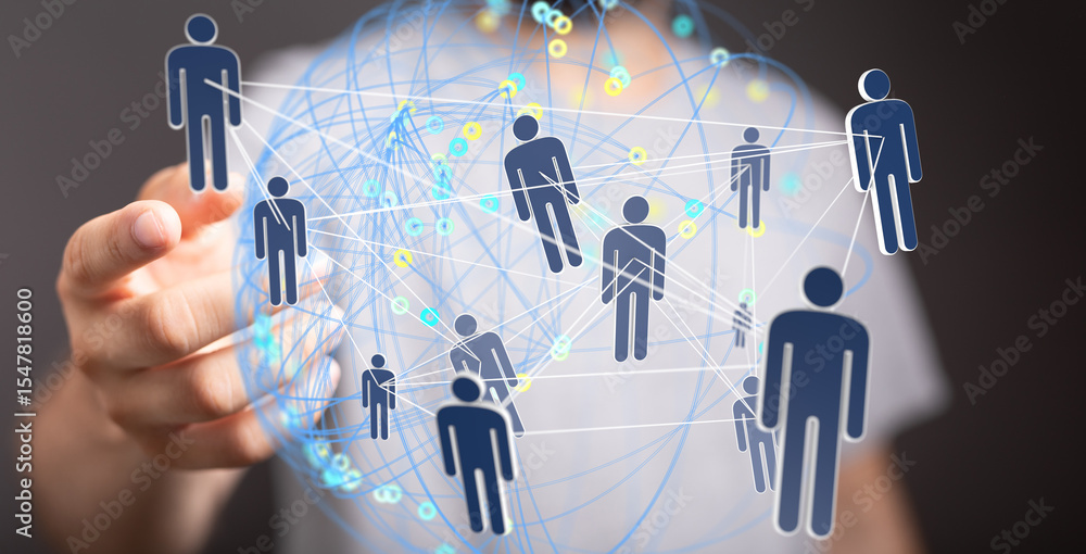 Poster image depicts a hand interacting with a network of people, symbolizing global connections and teamwo