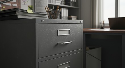 Office Filing Cabinet Detail: Closed Drawers, Workspace Clutter, Natural Light.