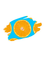 Orange slices arranged within a vibrant blue brushstroke shape.