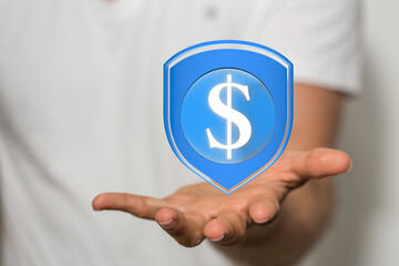 Hand holding a digital shield with a dollar sign, symbolizing financial security and protection.