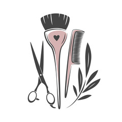 Beauty salon logo. Hairdresser tools. Scissors, brush, comb. Vector illustration for banner, cover, marketing.