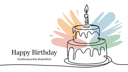 continuous line drawing of two-tier birthday cake with candle, colorful splashes, and handwritten happy birthday greeting on white