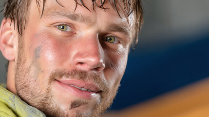 Close up portrait of sweaty young man with green eyes and short hair, his face covered in grime and dirt, showing tired but satisfied expression after hard work