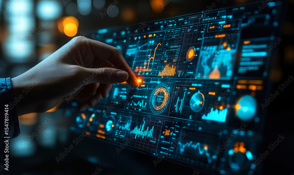 Poster futuristic transparent digital dashboard with interactive data analytics charts and graphs controlle