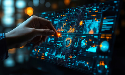 Futuristic transparent digital dashboard with interactive data analytics charts and graphs controlled by human hand in dark environment with glowing interface elements and information visualization