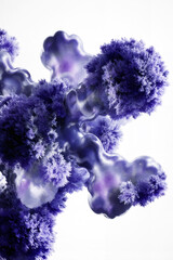 Esferas violetas esponjosas que recuerdan hongos o estructuras micro-orgánicas crecen sobre formas biomórficas brillantes. El blanco limpio aporta una estética científica y surrealista a la escena.