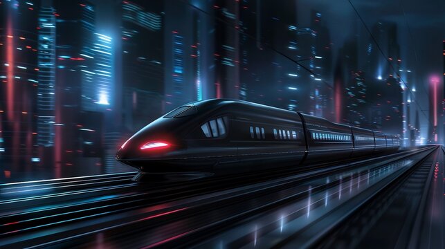 A high speed maglev train silently gliding through a futuristic city, its sleek design reflecting the neon lit architecture, motion blur, cyberpunk aesthetic