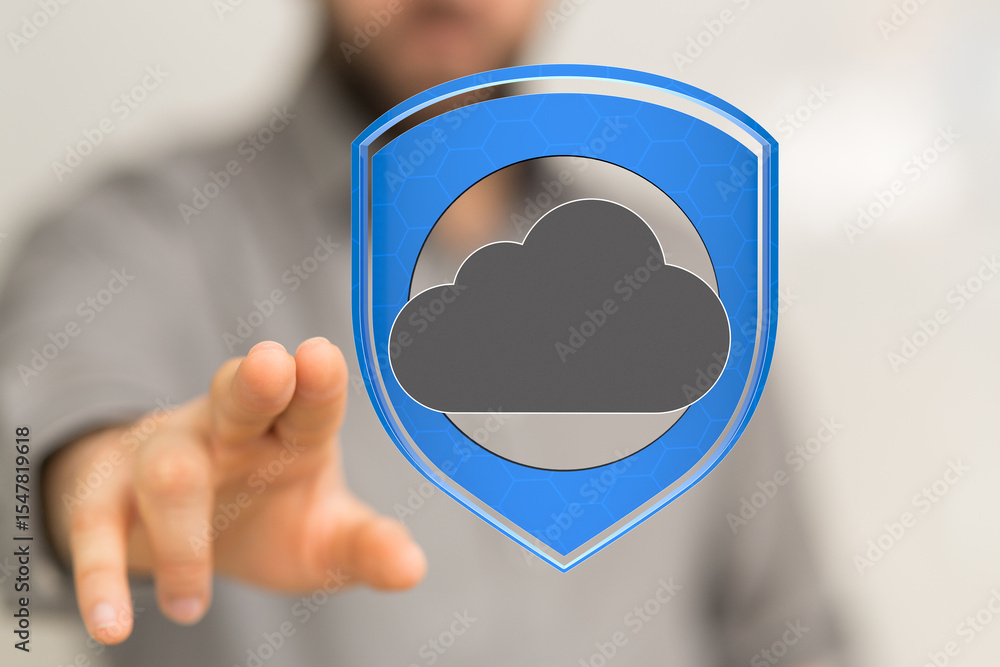 Poster Image of a hand reaching towards a digital shield protecting a cloud, symbolizing secure cloud data.