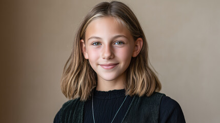 Fototapeta premium Young girl smiling with natural light, smooth skin texture, and shoulder length blonde hair wearing black top and necklace, expressing calm and happiness in neutral background