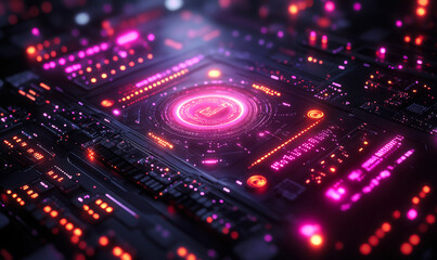 Obraz premium Futuristic digital circuit board with glowing neon pink and purple microchip and electronic components close-up technology background illustration