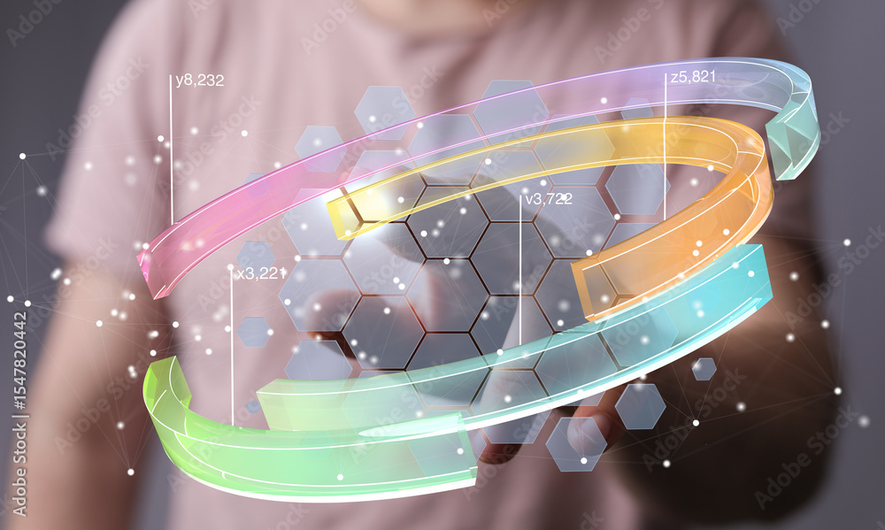 Aufkleber abstract image of person interacting with colorful 3d data charts, graphs, and technology. perfect f
