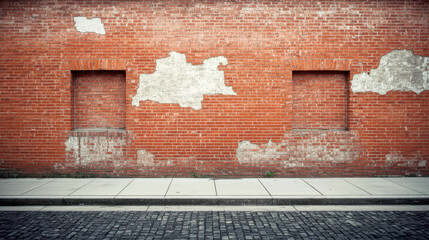 Old grunge urban background, weathered red brick wall with visible wear and tear, including some missing bricks and patched areas. The wall features two recessed