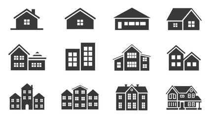 collection of black silhouette house and building icons representing diverse residential and urban architecture for real estate design
