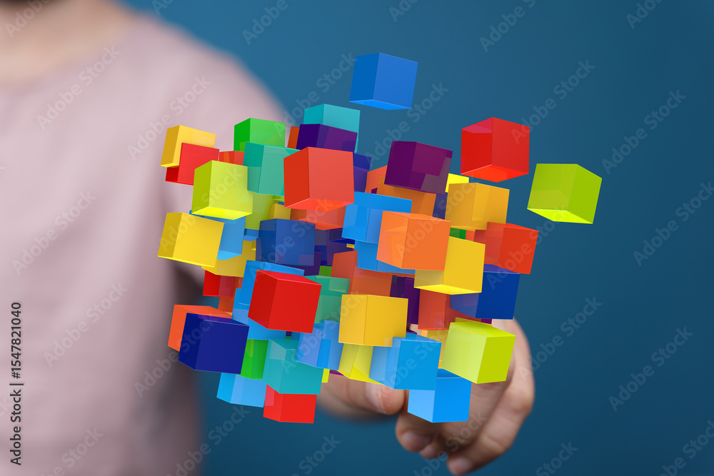 Poster Abstract image of colorful 3D cubes representing data, innovation, or creative solutions.