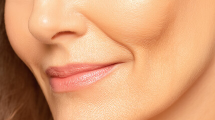 Fototapeta premium Close up of smiling person lower face showing smooth skin texture, natural lip color, and subtle facial lines with warm lighting creating soft and calm expression