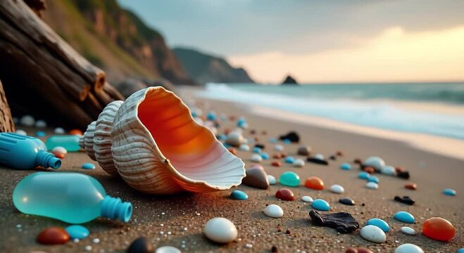 beach shells plastic bottles scattered sand background tranquil body water rolling hills sky fi