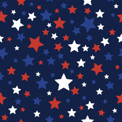 Seamless pattern with red, white and blue stars on a dark background. Ideal for American designs Independence Day, Veteran Day, wrapping paper, patriotic textiles and backdrops