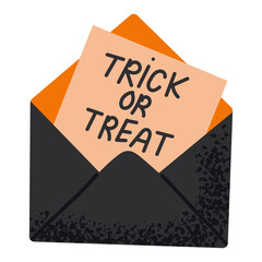 Halloween card featuring in black envelope with bold trick or treat lettering. Perfect for October party planning and seasonal designs