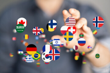 Diverse flags, global network, international business, worldwide connections, global communication, world map, travel, diversity, collaboration, unity. © vegefox.com