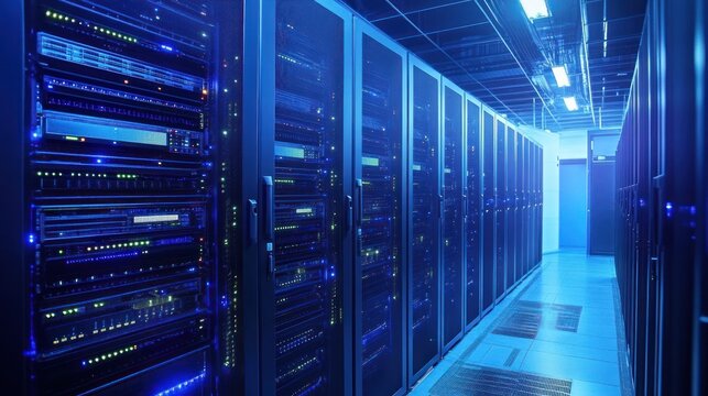 Server room with rows of interconnected computer servers.  Interior view of a data center