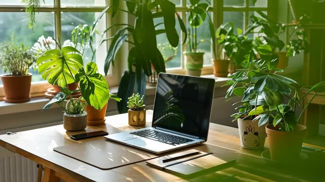 Organized workspace with modern laptop, computer. Remote work, productivity, in a cozy interior, concept of online work, freelance style, creative industry, business communication