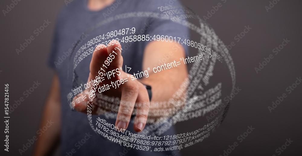 Poster A hand interacts with a digital sphere of code, representing data and technology.
