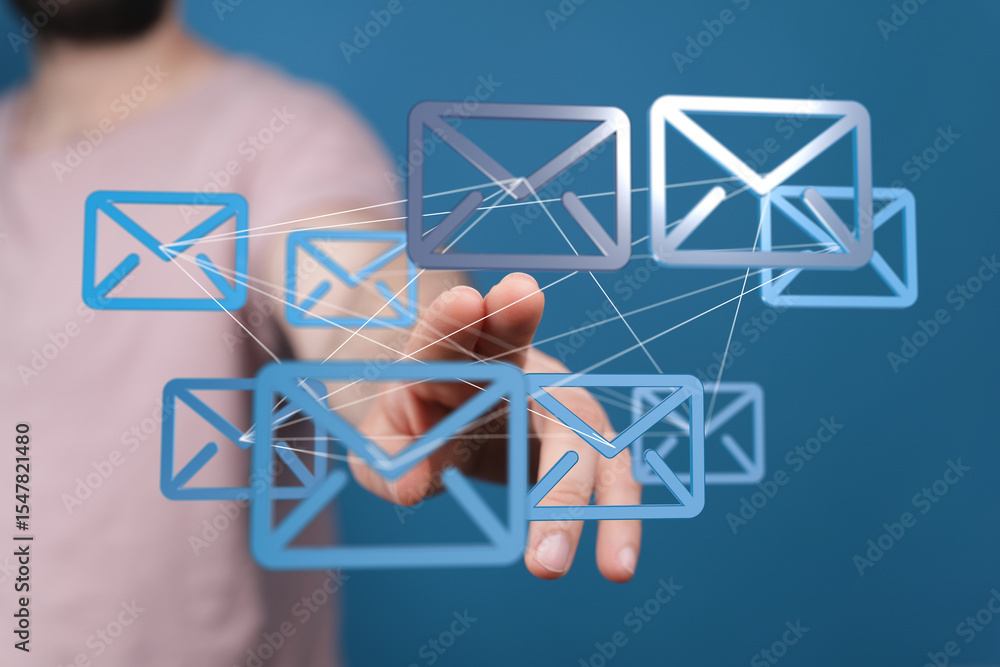 Poster person interacts with a network of email icons, symbolizing global communication and connection.
