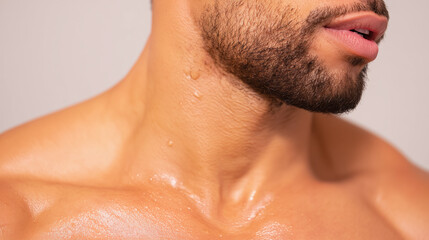Obraz premium Hydrated male skin close up with water droplets on neck and clavicle showing healthy tone and beard detail