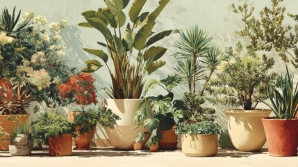 Fototapeta premium Lush outdoor garden with diverse potted plants and greenery against light wall