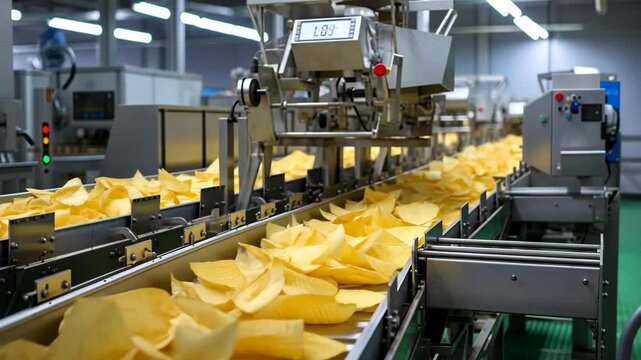 crispy potato chips moving on conveyor belt in modern factory, snack branding fast food industry