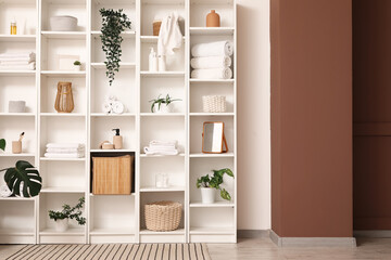 Big shelf unit with bath accessories and plants in room