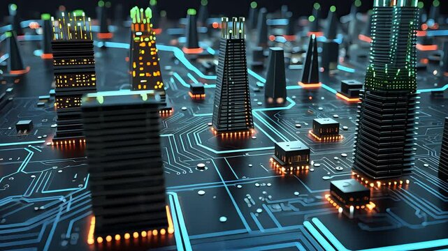 Cityscape Buildings On Circuit Board With Glowing Lights And Blue Lines 94 Characters