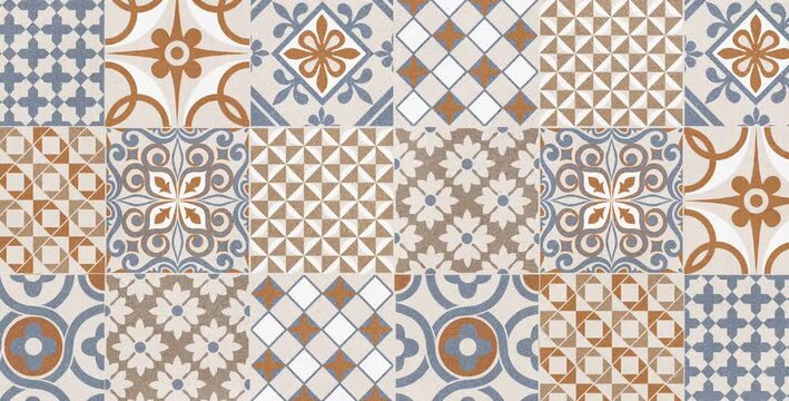 Colorful geometric ceramic tile pattern in blue, brown, and beige tones, seamless decorative design for wall, floor, and interior decor