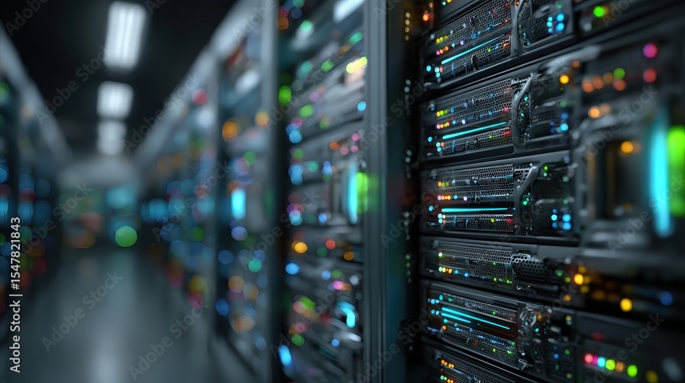 Poster server room with illuminated hardware and blurred background, showcasing high-tech data storage and 