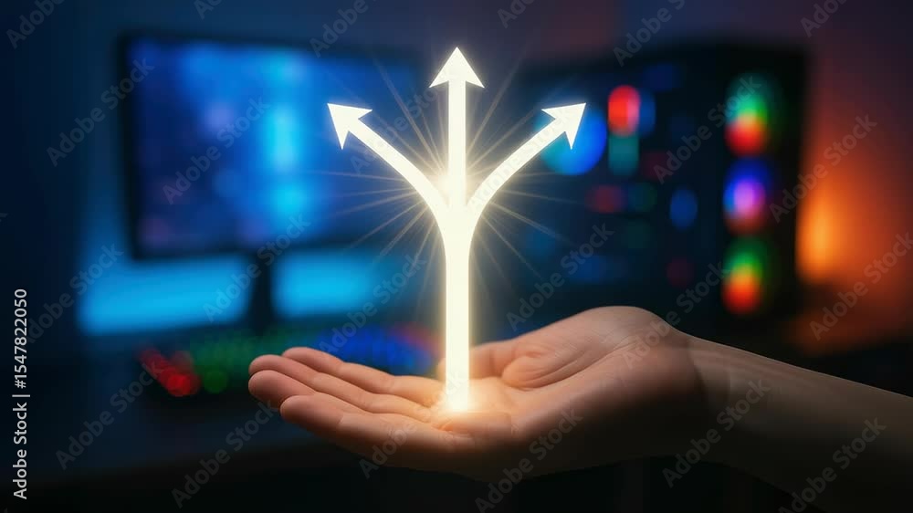 Aufkleber bright glowing arrow with three directions floating above hand symbolizing automatic ai technology d