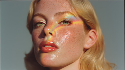 Blonde Woman With Rainbow Light Refraction on Face Showing Shiny Dewy Skin
