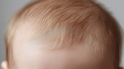 Baby scalp with fine soft hair close up showing delicate skin and light brown strands in natural and gentle setting, highlighting infant care and tenderness