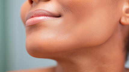 Smooth skin close up of chin and jaw curve with natural lips and healthy complexion, showing soft texture and gentle light on face
