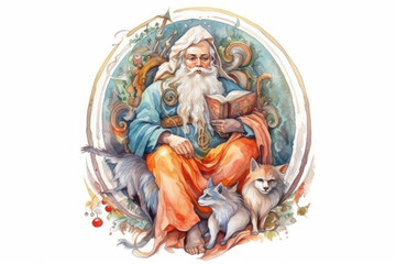 Fototapeta premium A fairytale-style watercolor illustration depicts a wise old man with a long gray beard, dressed in bright oriental clothes. 