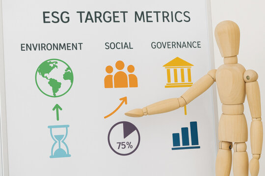 ESG strategy target metrics with environment social governance icons and wooden mannequin presenting data for business sustainability