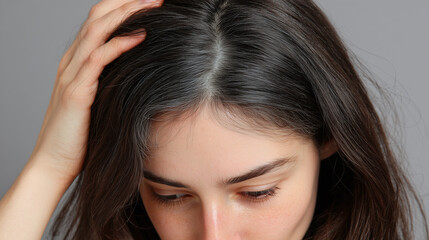 Young woman with dark hair and visible gray roots touching scalp, showing natural hair texture and healthy skin in close up portrait with neutral background