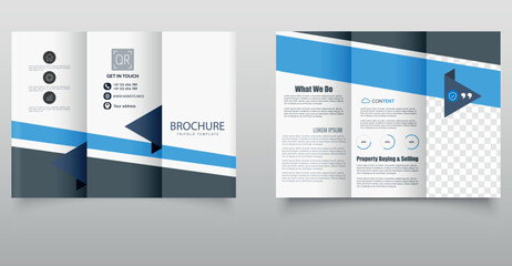 Corporate Trifold Brochure Template. Clean and professional trifold brochure design with blue accents, ideal for corporate, real estate, or business marketing purposes