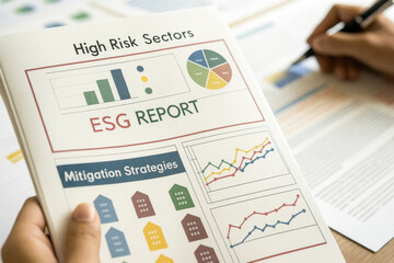High risk sectors esg report with strategy and mitigation strategies shown in colorful charts and graphs on business document