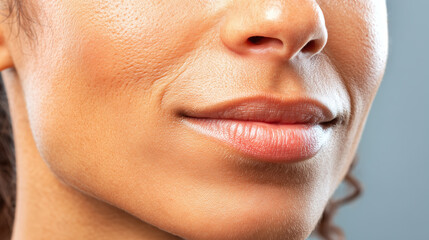 Smooth skin texture close up with natural lips corner, showing healthy skin and subtle smile expression on warm toned face with soft lighting and clear detail
