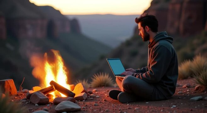 man sitting ground front campfire using laptop surrounded stones plants hills background cl